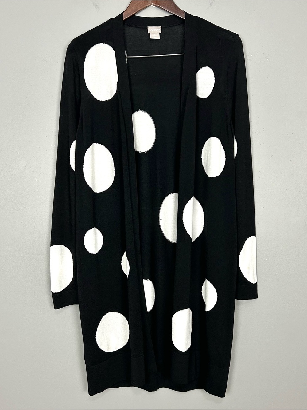 Chico’s Polka Dot Midi Cardigan Women’s Size M Open Front Avant Garde Art